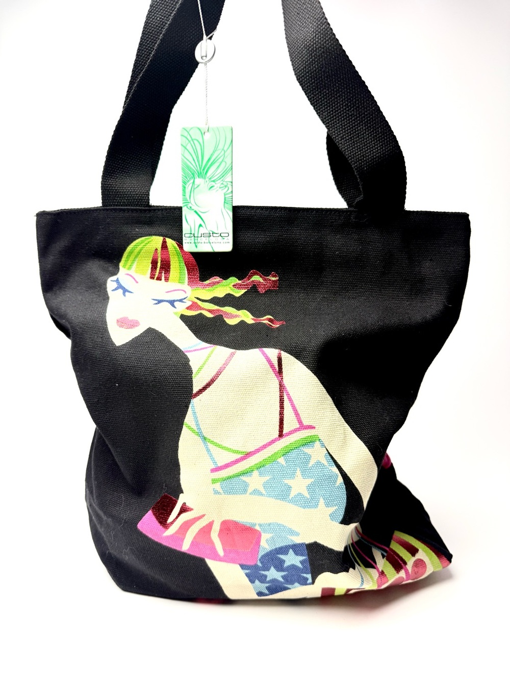 Custo Barcelona Black Canvas Graphic Tote Bag Colorful Art Print NWT